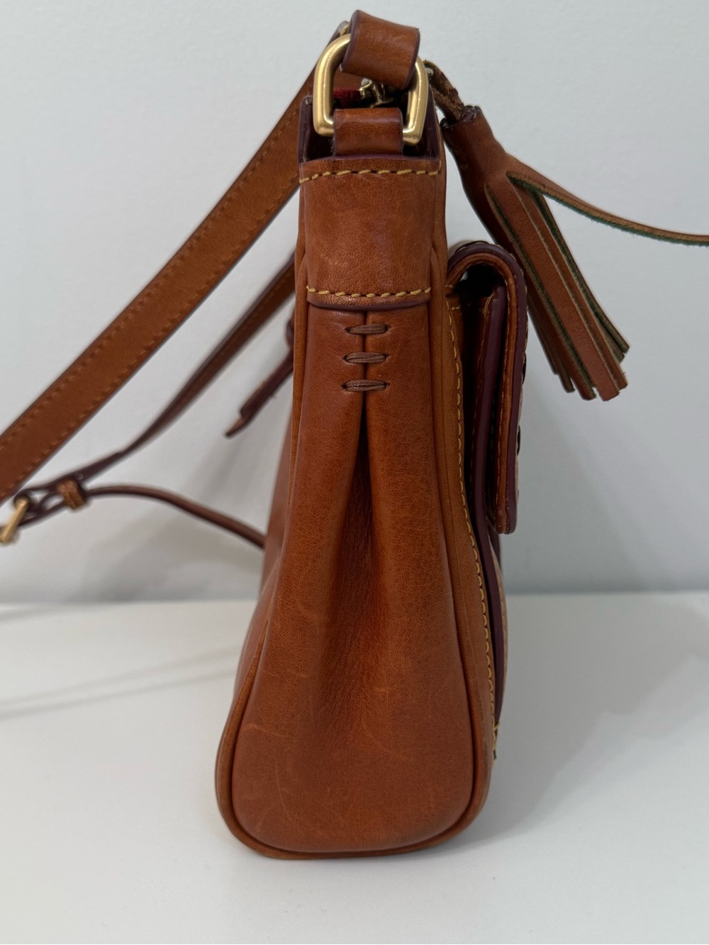 Dooney & Bourke Florentine Pocket Crossbody Brown Cognac Distressed Leather - Picture 7 of 16